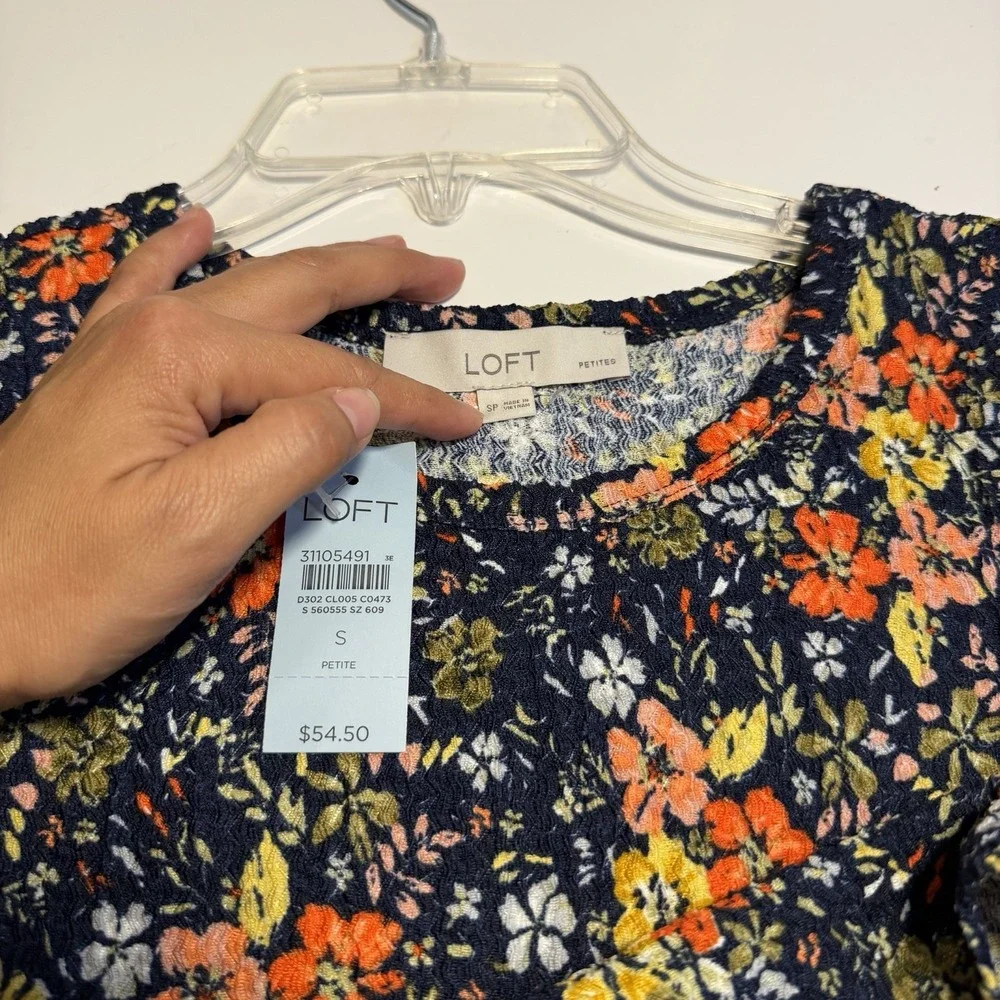 Loft Puff Long Sleeve Navy Floral Petite S Fall Peasant Coquette Preppy NWT